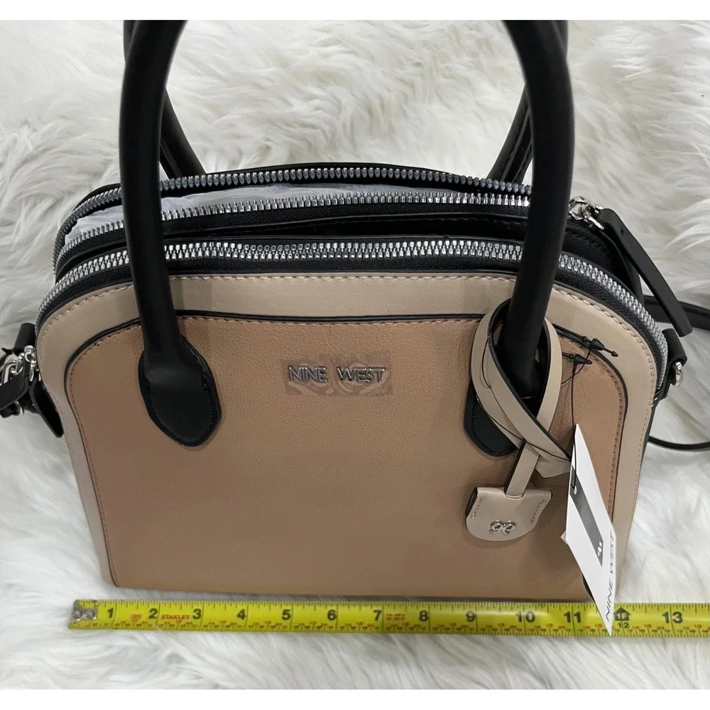 Nine West Women's Satchel Handbag Beige Black Top Handle Crossbody NWT